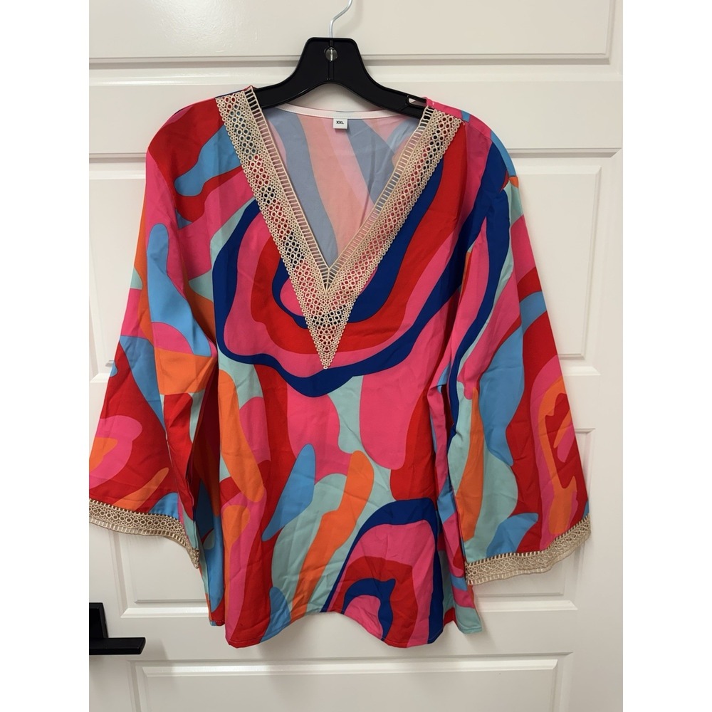 XXL Women’s Top Blouse Pullover Tunic Embroidered Lace Trim Artsy Boho A8
